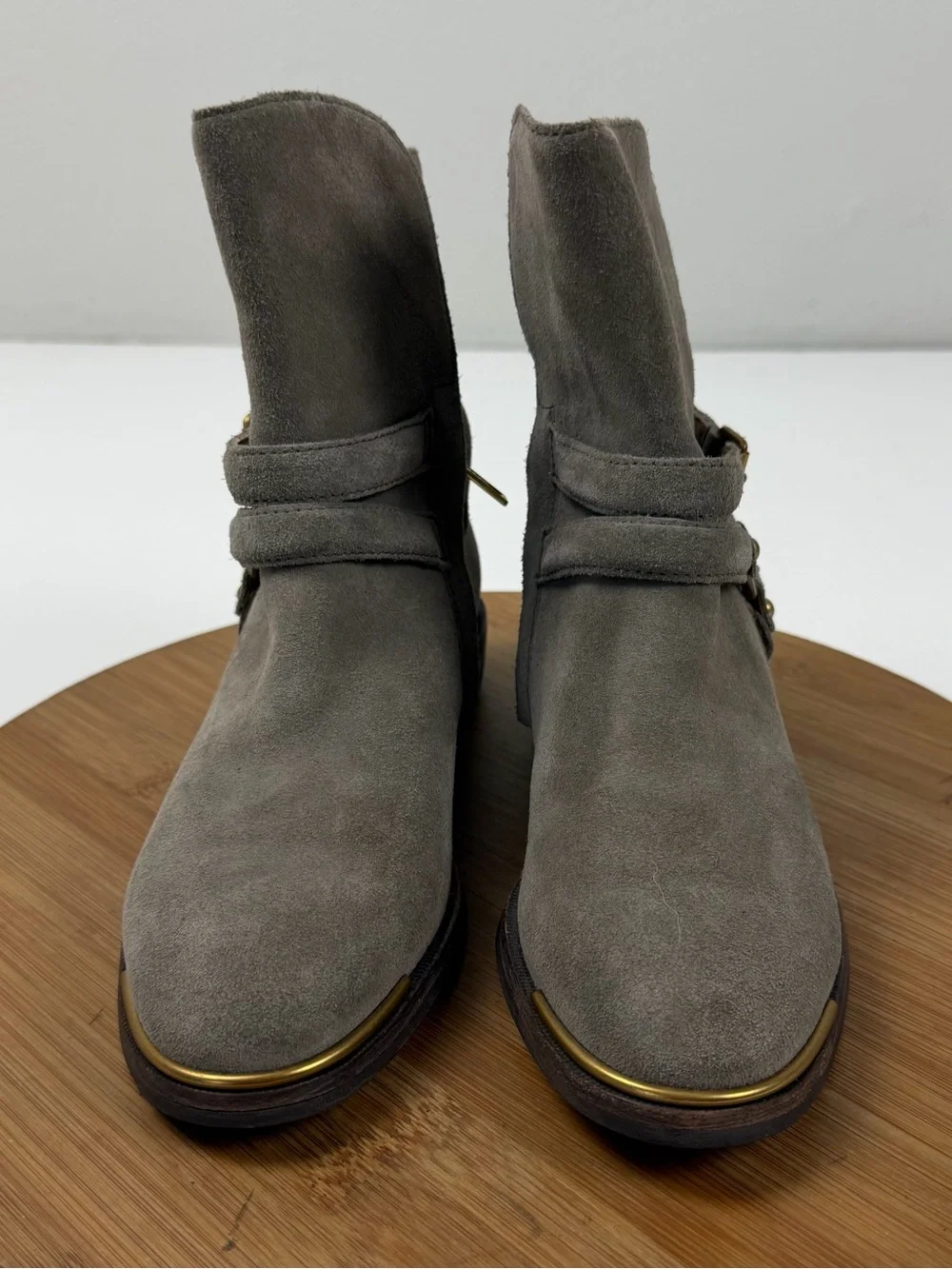 UGG Taupe Suede Harness Ankle Boots with Brass Accents